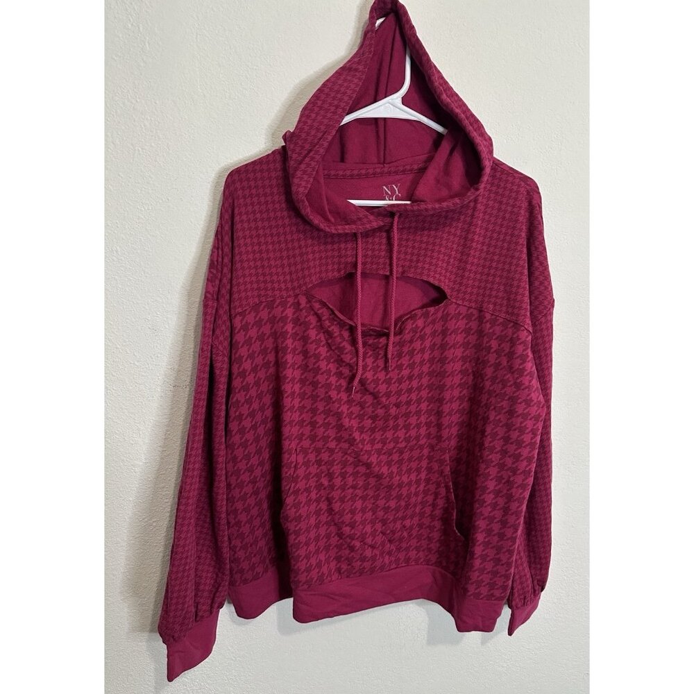 New York and Company Pink Houndstooth Peak A Boo Check Pullover Hoodie Size XXL